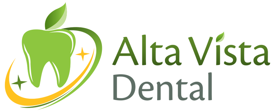 The image features a logo with text that reads ALTA VISTA DENTAL above an illustration of a tooth, set against a green background with a yellow apple graphic on the left side.